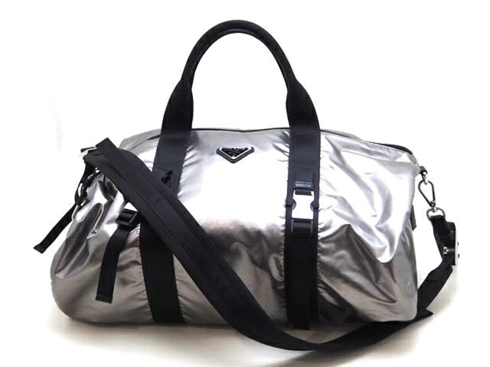 Prada Tessuto Boston Bag Canvas Metallic Silver